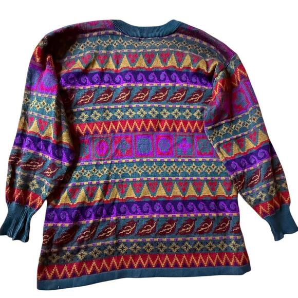 Vtg. Dongwon multicolor bird print knit sweater acrylic wool blend M L bold 90s - Picture 2 of 6